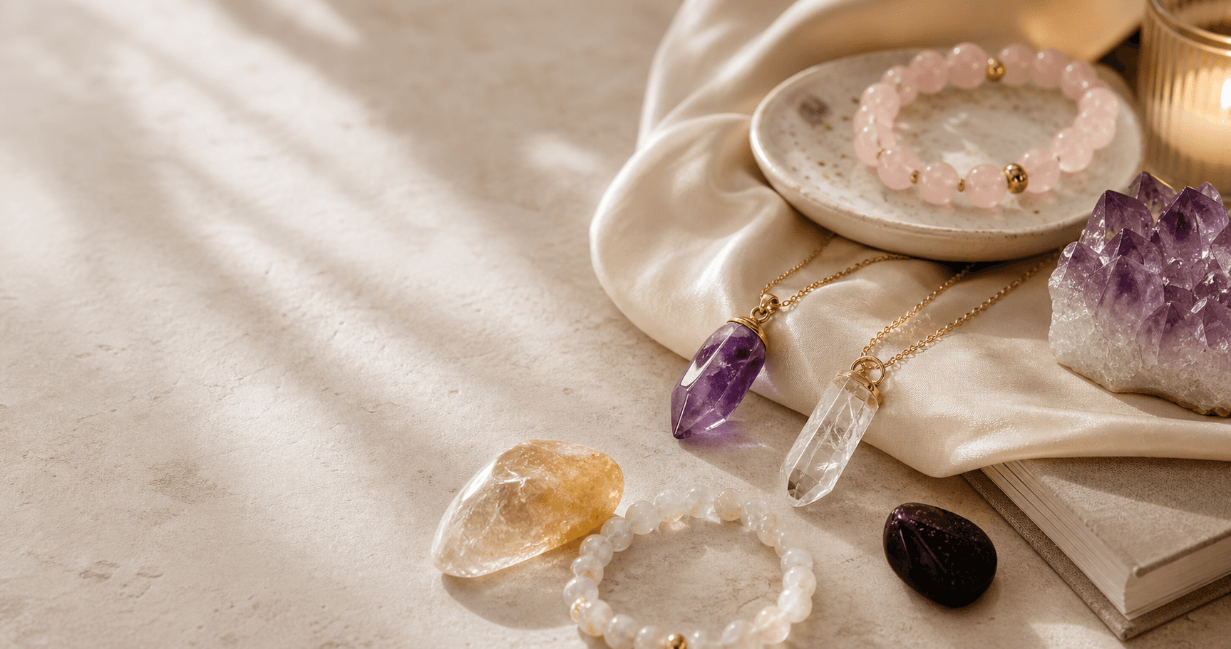 Luxury crystal gift box objects arranged on a warm stone surface