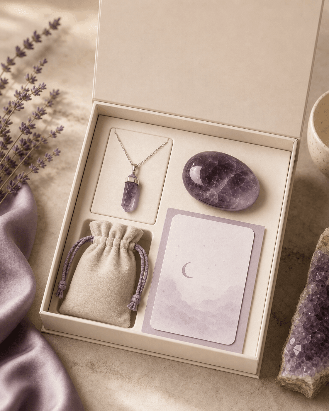 Calm Sleep Kit gift box with amethyst pendant, bedside stone, ritual card, and pouch