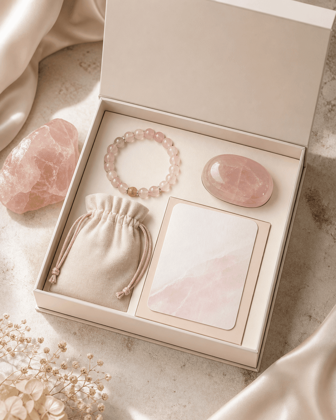 Love Energy Kit gift box with rose quartz bracelet, palm stone, card, and pouch