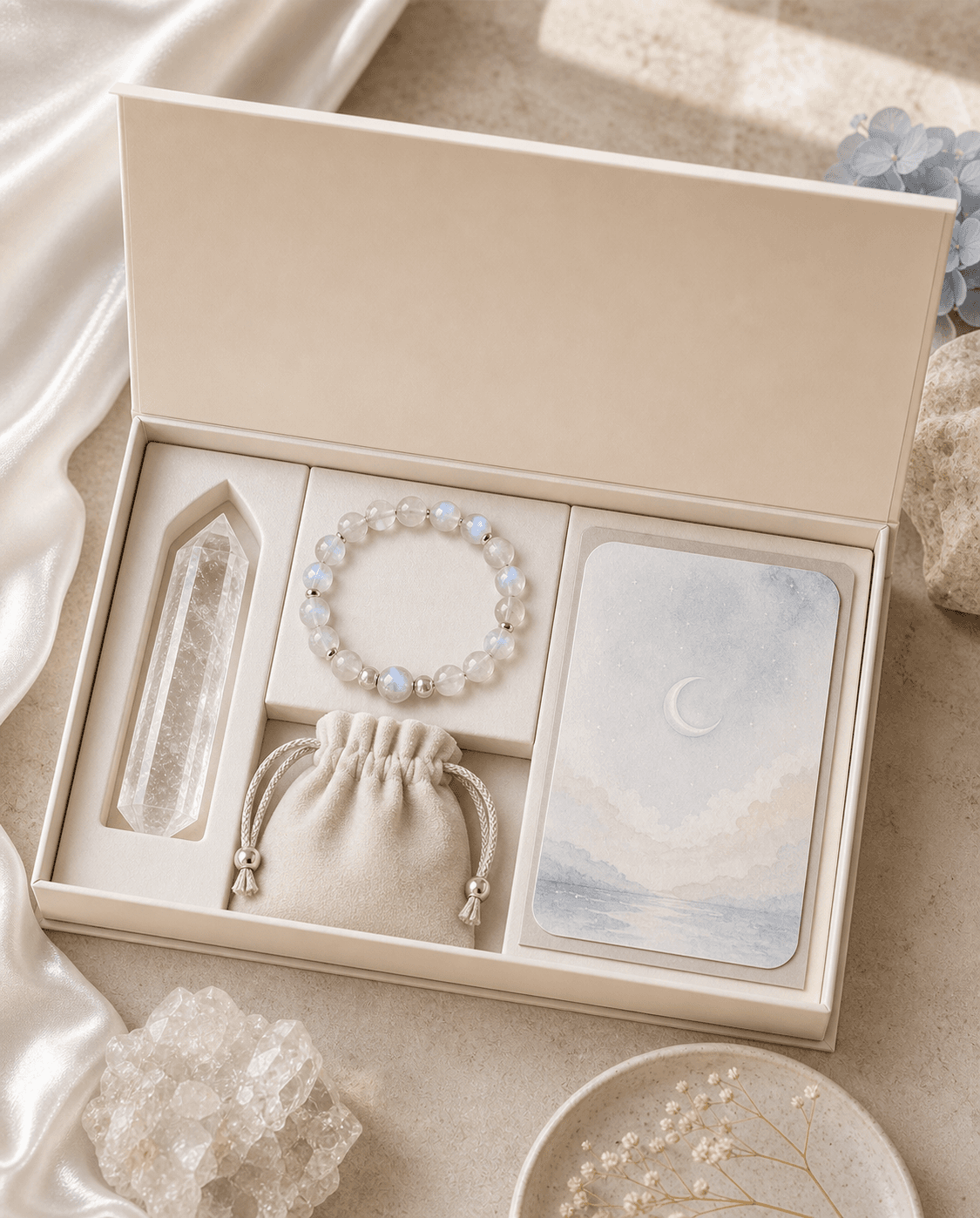 New Beginning Kit gift box with moonstone bracelet, clear quartz point, card, and pouch
